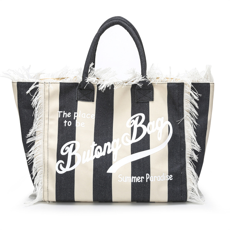 Designer Bag 2025 Saint Barth New Women's Large Capacity Fashion Horizontal Striped Dark Blue Tassel Beach Tote Bag