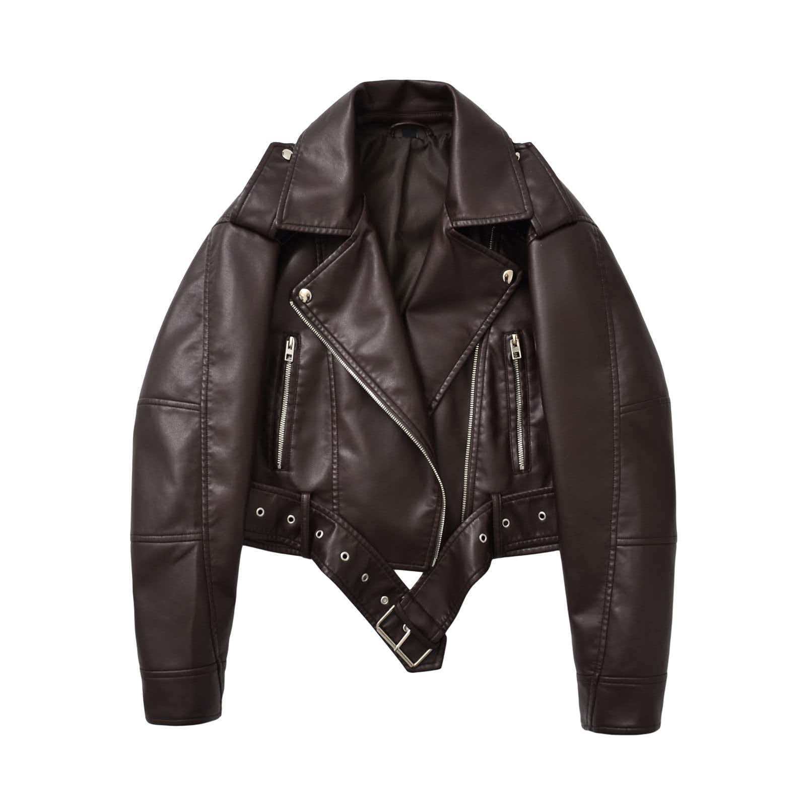 2026New Coal graysty le Women's washed leather jacket with belt, short coat with downgraded zipper and vintage lapel jacket