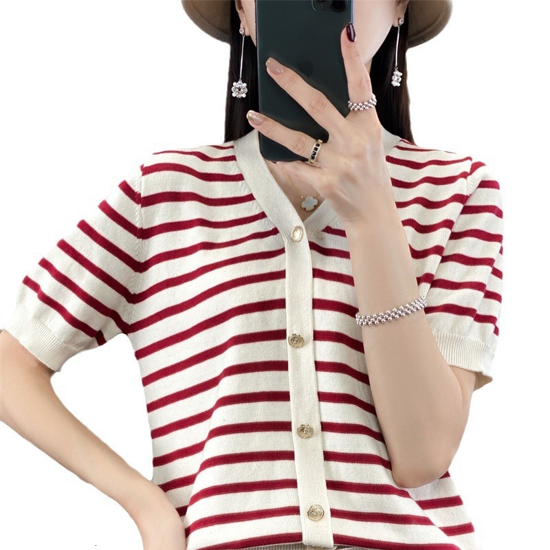 2026 New Cotton Color Blocked Striped V-neck Knitted Short Sleeved Women's T-shirt Fake Cardigan Jacket Loose And Fashionable Multifunctional T-s
