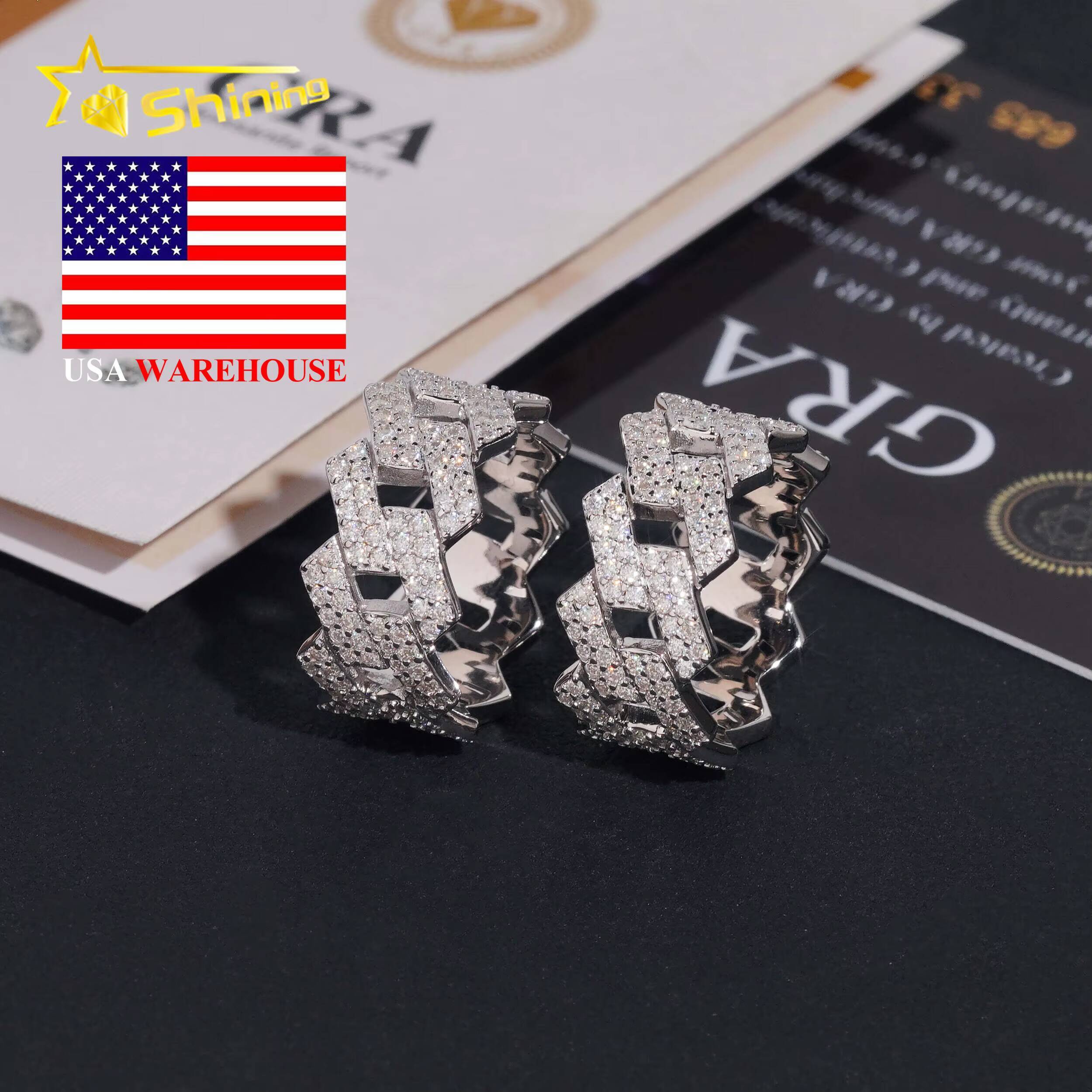 US Warehouse Pass Diamond Tester High Quality 925 Silver Fine Jewelry Fully Iced Out Hip Hop Ring Moissanite Men Cuban Ring