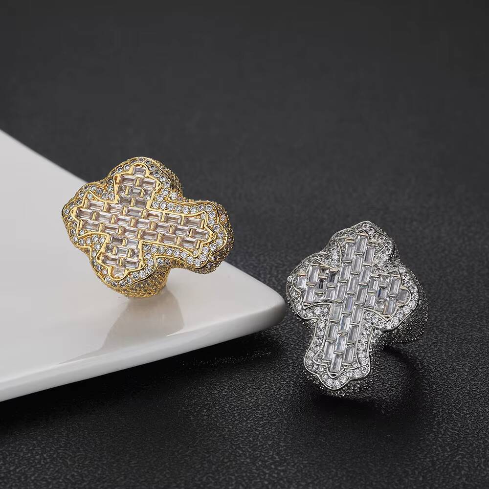 Hip Hop Jewelry Luxury Baguette Diamond Cross Rings Iced Out Moissanite 925 Sterling Silver Ring for Men and Women