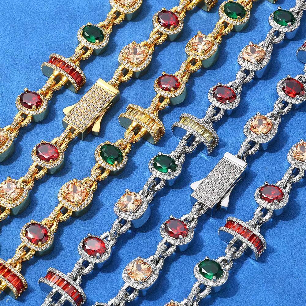 NUOYA 15mm New Arrival Hip Hop Bracelet 925 Silver Platinum Geometric Chain Colorful VVS Moissanite Jewelry