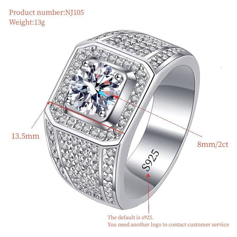 Classic Design D Color VVS Clarity Round Brilliant Cut 2ct Moissanite S925 Silver Ring for Men Ring