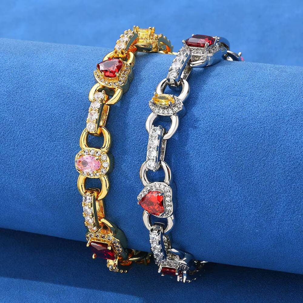 NUOYA Luxury 10mm Heart Tennis Bracelet 925 Silver Iced Out VVS Moissanite Red Zircon Hip Hop Fine Jewelry