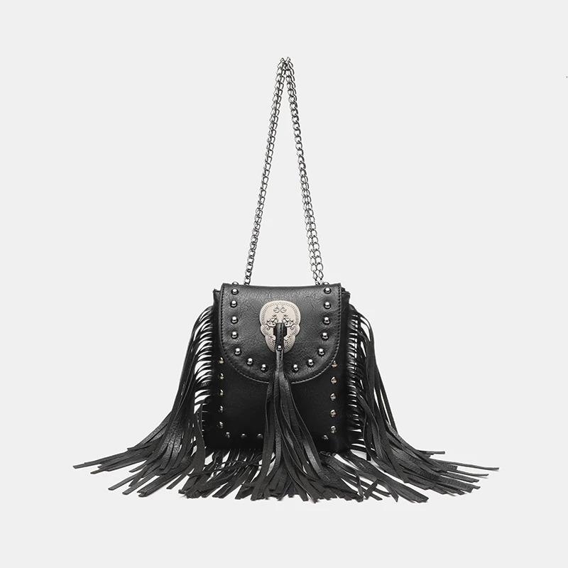 Dark punk style chain tassel shoulder bag with unique skull buckle decoration PU leather rivet phone bag 260422