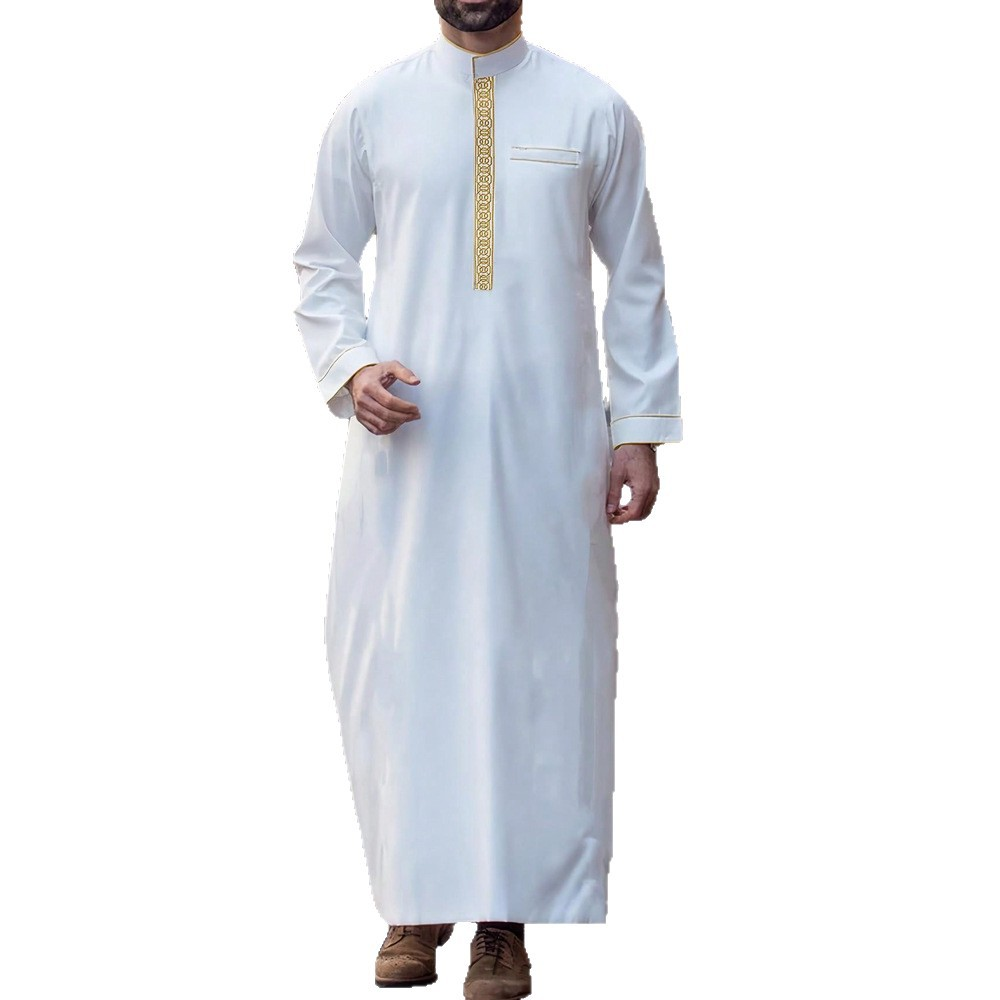 Muslim men's Thobe with long sleeves embroidered stand collar loose Arab ethnic style Islamic men's casual formal abaya