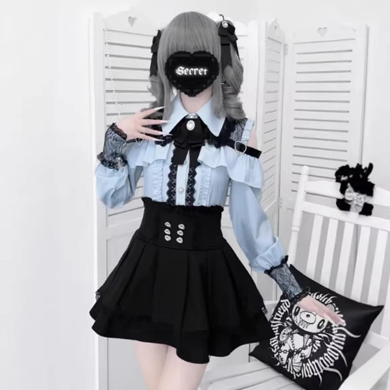Jirai kei Shirt JK Skirt Japanese Style Lolita Y2K Sweet School Uniform Blouse Top Dress Darkness Outfit Women Girls Theme Party 260420