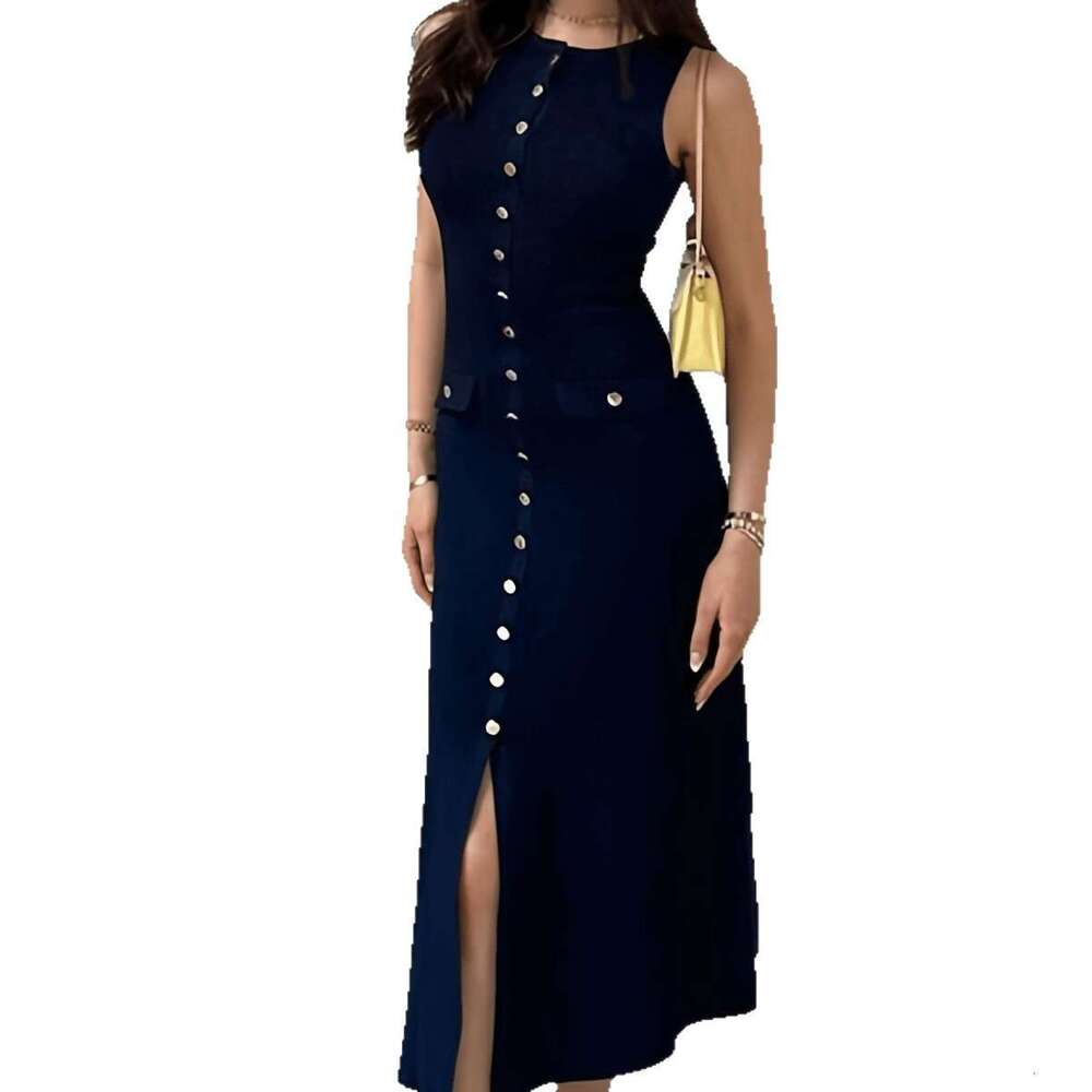 2026 Summer Women Elegant Ribbed Knit Maxi Dress Crew Neck Sleeveless Button Bodycon Slim Party Club Dresses MAKOUFEI