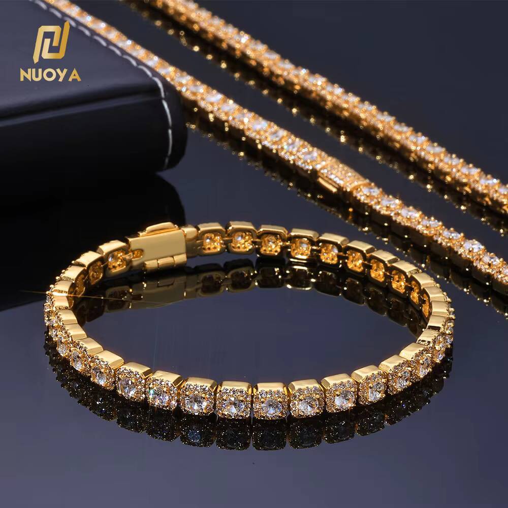 NUOYA Iced Out Round Zircon Tennis Bracelet for Women 5mm Clustered Design Silver Gold Plated Diamond Cut Hip Hop Fine Jewelry