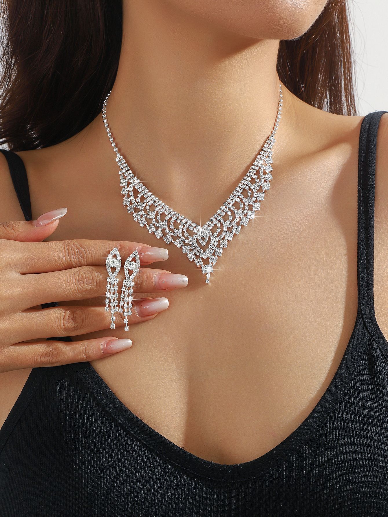 Royal Blue Crystal Bridal Jewelry Sets Rhinestone Statement Choker Necklace Earrings Women Wedding Jewelry Sets 260127