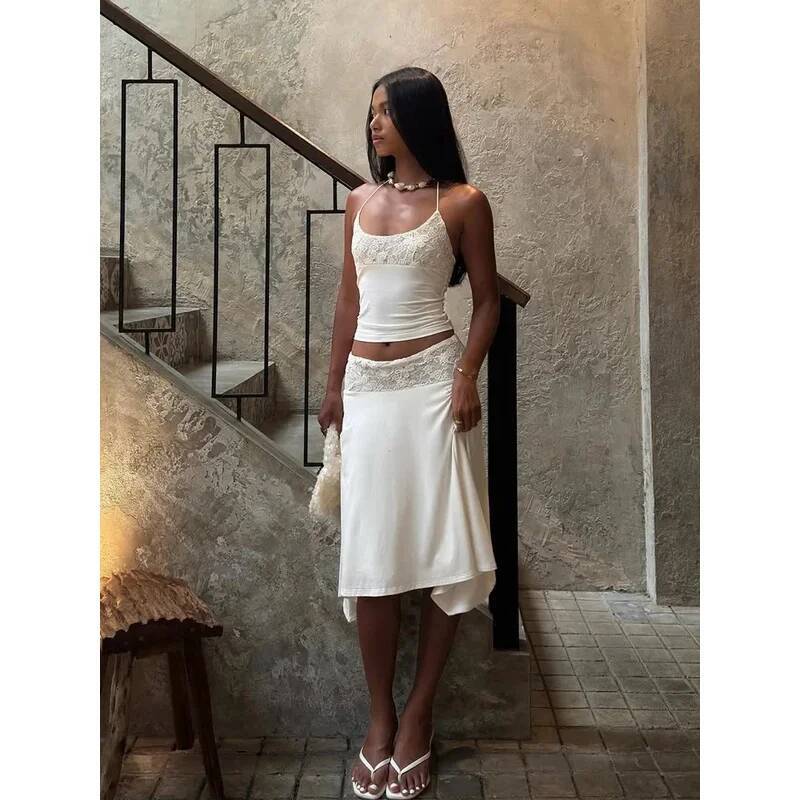 Sexy Lace Patchwork Sling Top Irregular Skirt Suit Women Cropped Halter Tops Pleated Skirts Set Lady Summer Holiday Outfit dongdumaoyi