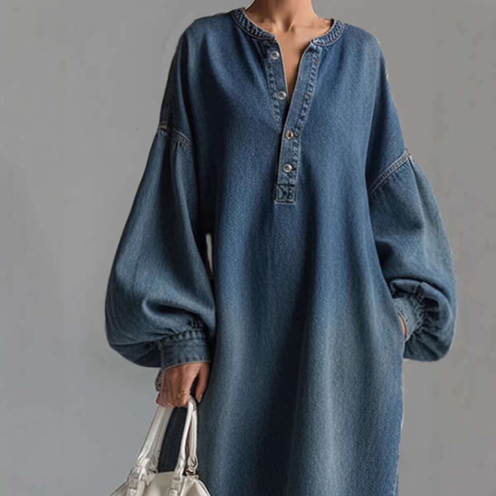 2026 Spring Women Vintage Washed Denim Midi Dress Polo Stand Collar Casual Plus Size Slim Party Dresses MAKOUFEI
