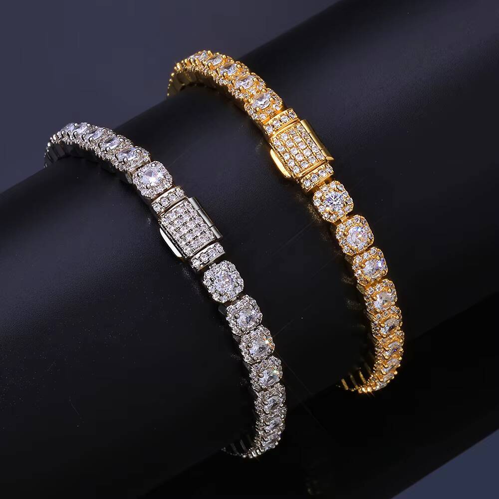 NUOYA Iced Out Round Zircon Tennis Bracelet for Women 5mm Clustered Design Silver Gold Plated Diamond Cut Hip Hop Fine Jewelry
