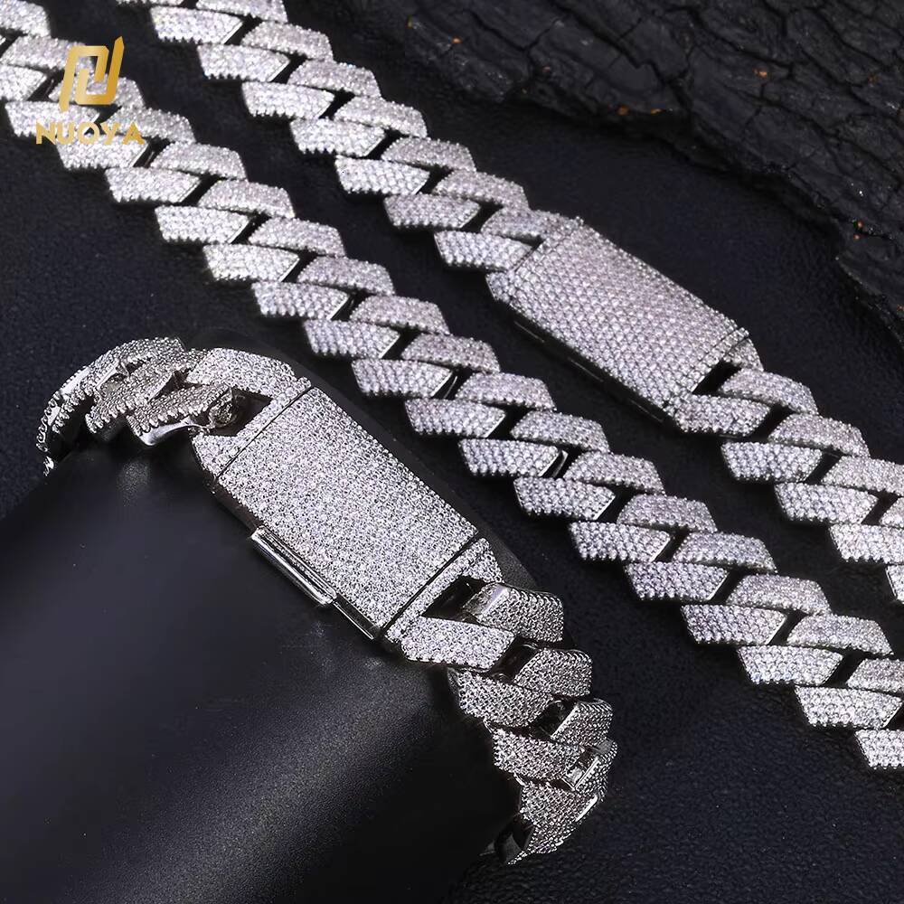 NUOYA Luxury Iced Out 15mm Cuban Link Bracelet 925 Silver Hip Hop Jewelry Shiny VVS Moissanite Mens Chain