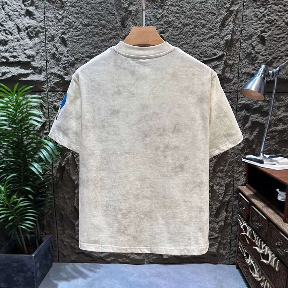 Men's Summer Crew Neck T Shirt Washed Tie Dye With Colorful Hot Air Balloon Monogram Print Short Sleeve Casual Streetwear Top For Daily Wear And 
