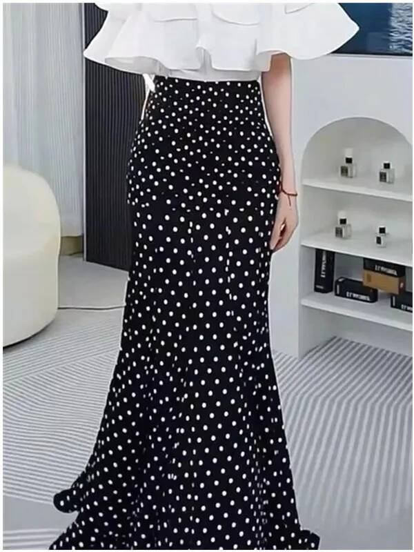 Elegant Black Polka Dot Fish Tail Women's Summer New Lightweight Luxury Style Half Draped Wrap around Skirt dongdumaoyi