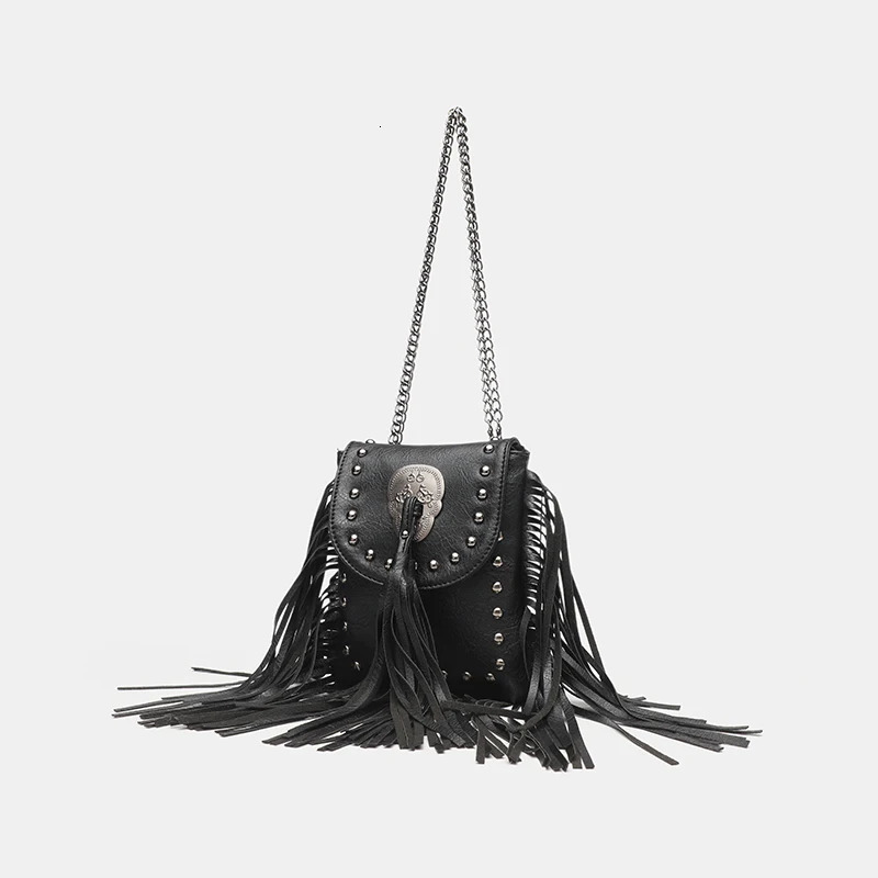 Dark punk style chain tassel shoulder bag with unique skull buckle decoration PU leather rivet phone bag 260422