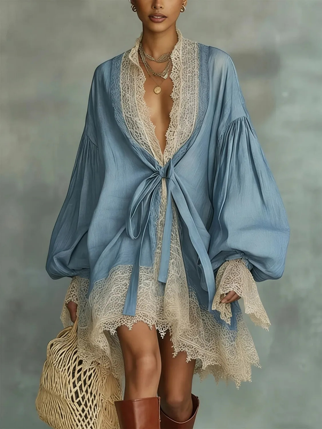 Blue Lace Trim Women Mini Dress V Neck Tie Waist Puff Sleeve Oversized Boho Elgant Loose Vintage Casual Cover Up Dress 260420