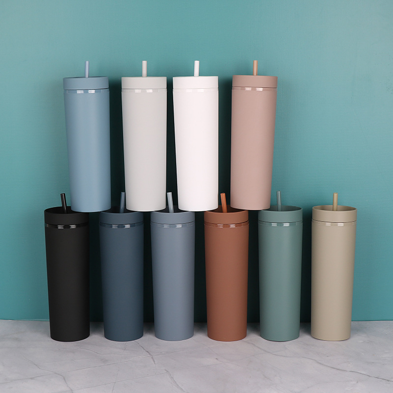 16oz matte frosted plastic Tumblers with lids straw macaron colors double walls straight skinny tumblers acrylic cups coffee cup