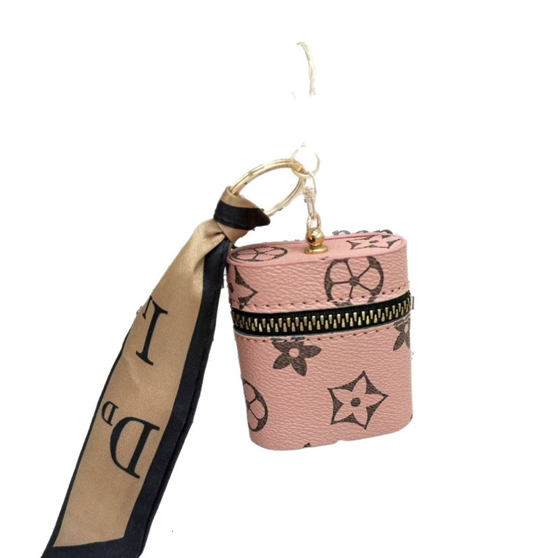 Luxury Designer Mini Cylinder Floral Coin Purse, Zipper Portable Storage Pouch with Silk Scarf Carabiner Keyring