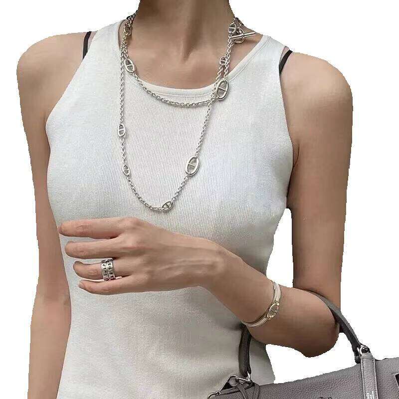 Fashion Stainless Steel Long Pig Nose Necklace For Women Sweater Chain Non Fading Summer Clothes O Link Jewelry Gifts