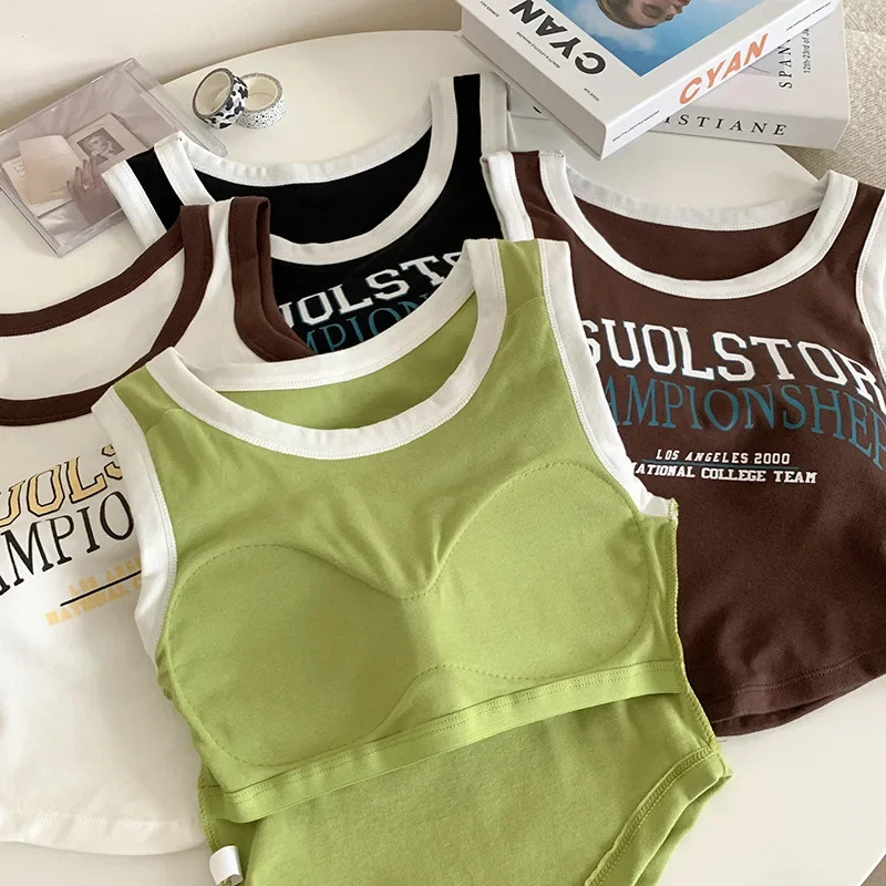 Letter Printed Tank Woman Korean Fashion Colorblock Built In Bra Tanks Women Sleeveless Casual Sport Crop Top Drop 260422