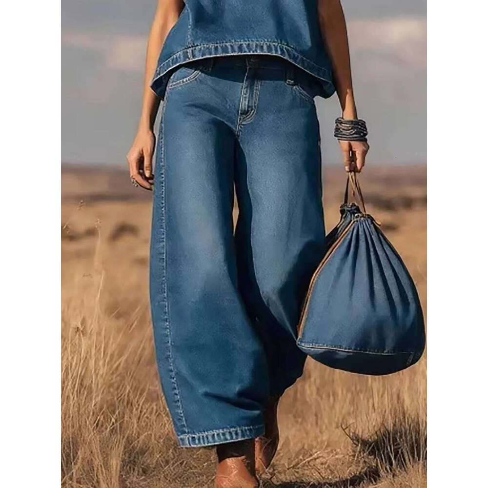 Women's Vintage Western Denim Vest Top Two Piece Set Solid Crew Neck Sleeveless Loose T-Shirt With Wide Leg Pants Y2k Sets WONST