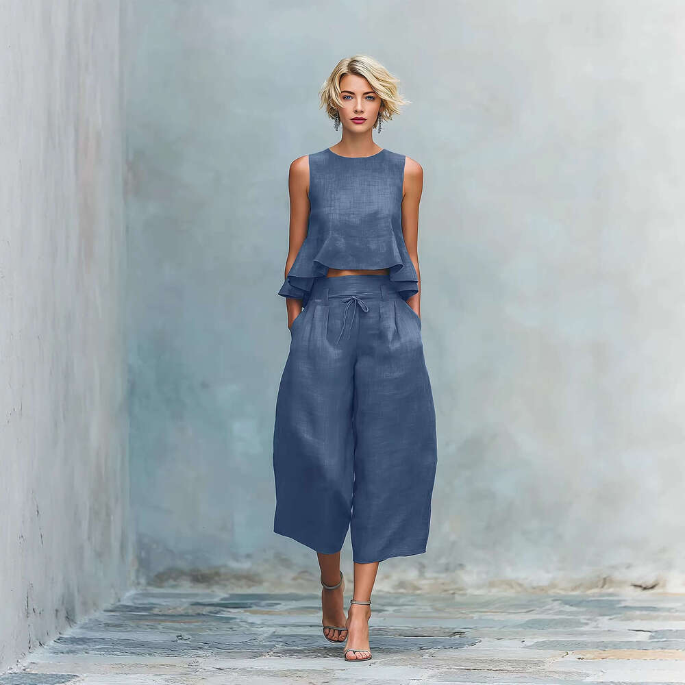 2026 New Arrival Summer Women Linen Blend Ruffle 2 Piece Set Casual Loose Streetwear Outfits MAKOUFEI MAKOUFEI