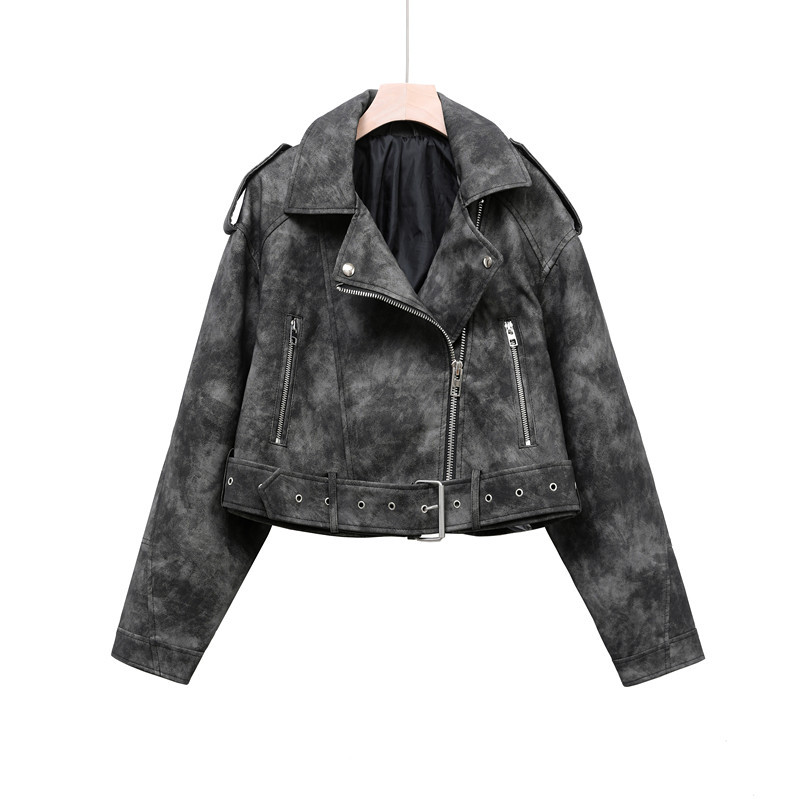 2026New Coal graysty le Women's washed leather jacket with belt, short coat with downgraded zipper and vintage lapel jacket