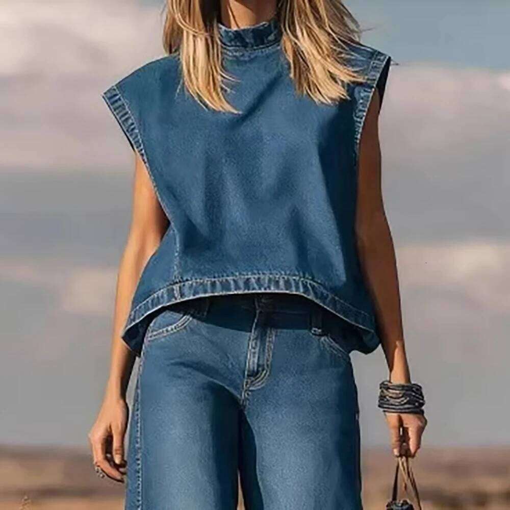 Women's Vintage Western Denim Vest Top Two Piece Set Solid Crew Neck Sleeveless Loose T-Shirt With Wide Leg Pants Y2k Sets WONST