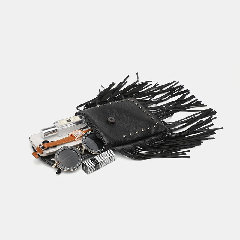 Dark punk style chain tassel shoulder bag with unique skull buckle decoration PU leather rivet phone bag 260422