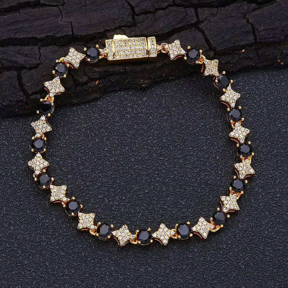 NUOYA High Quality Star Shape Tennis Chain with Black CZ Stone 6mm Silver Plated Tennis Bracelet Hip Hop Jewelry for Women/Men