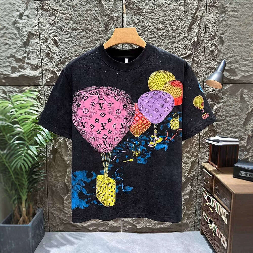 Men's Summer Crew Neck T Shirt Washed Tie Dye With Colorful Hot Air Balloon Monogram Print Short Sleeve Casual Streetwear Top For Daily Wear And 