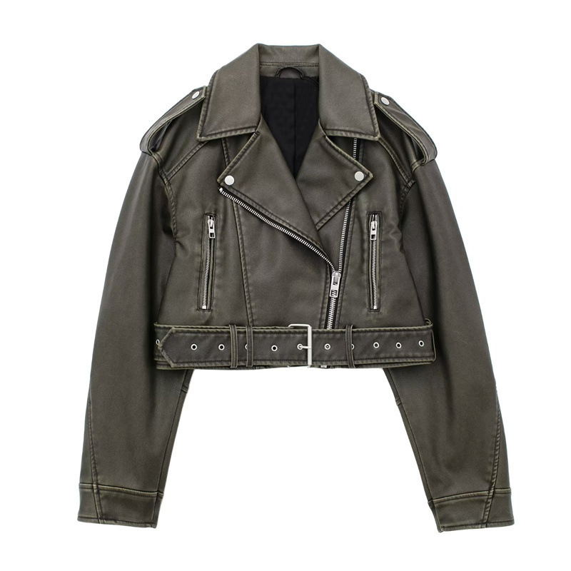 2026New Coal graysty le Women's washed leather jacket with belt, short coat with downgraded zipper and vintage lapel jacket