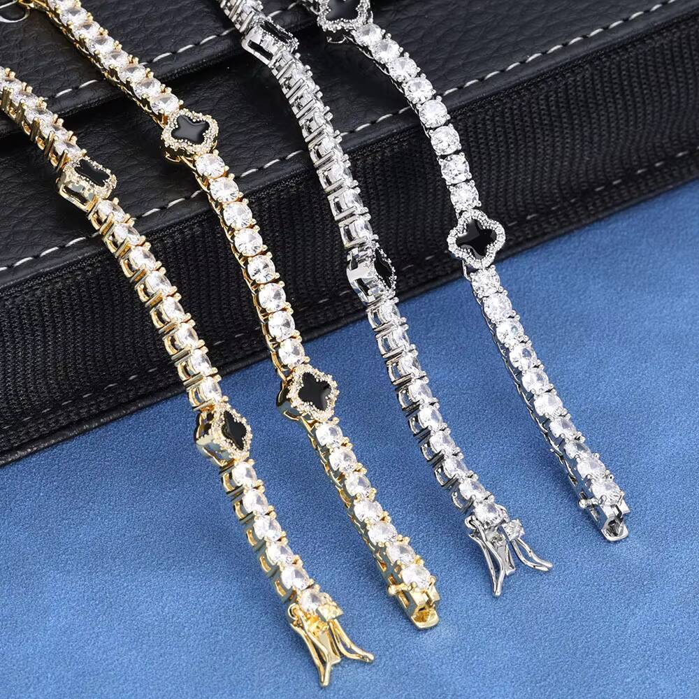 NUOYA Luxury Hip Hop Tennis Chain Bracelet Iced Out VVS Moissanite S925 Silver Four-Leaf Clover Tennis Chain Gift for Men Women