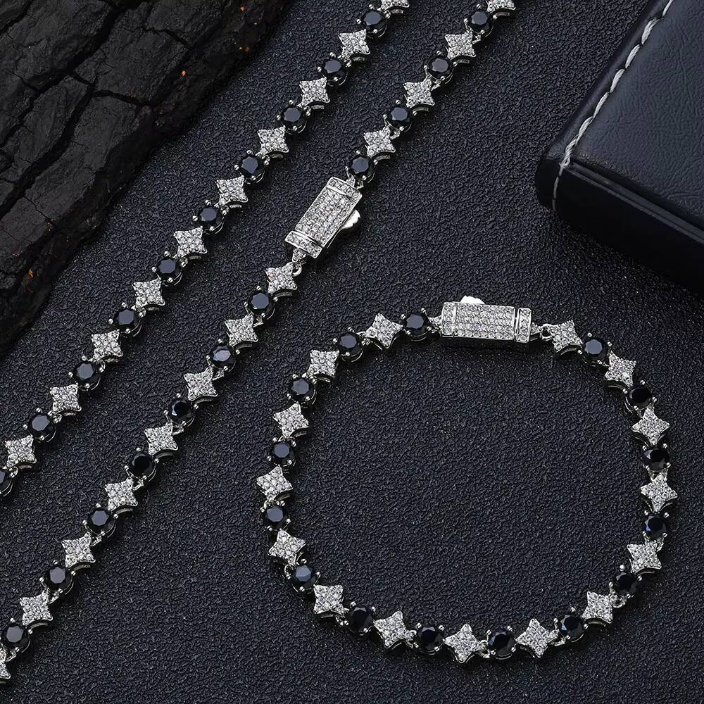 NUOYA High Quality Star Shape Tennis Chain with Black CZ Stone 6mm Silver Plated Tennis Bracelet Hip Hop Jewelry for Women/Men
