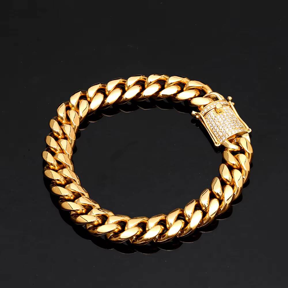 Hip Hop 12mm Cuban Stainless Steel Bracelet Pulseras Cubanas 18k Gold Plated Bangle Bracelet Men