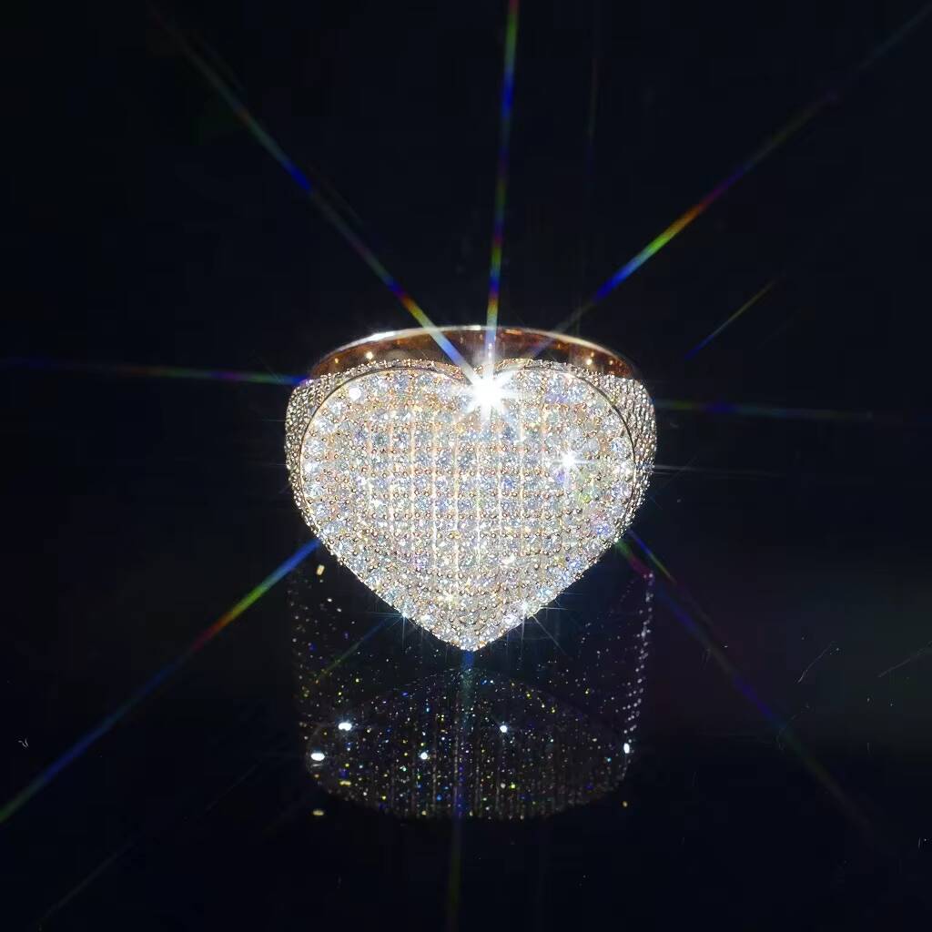 Hot Selling Iced Out Lab Grown Diamond Heart Ring Men Women Jewelry Hip Hop Style 925 Silver Vvs Lab Created Diamond Ring
