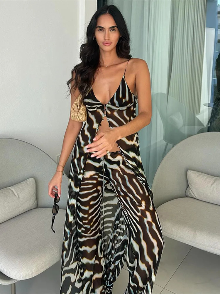 2026 Women Chic Vacation Outfits Fashion Zebra Print Sheer Chiffon Pants Set Casual Vneck Maxi Slip Tank Top Wideleg 260421