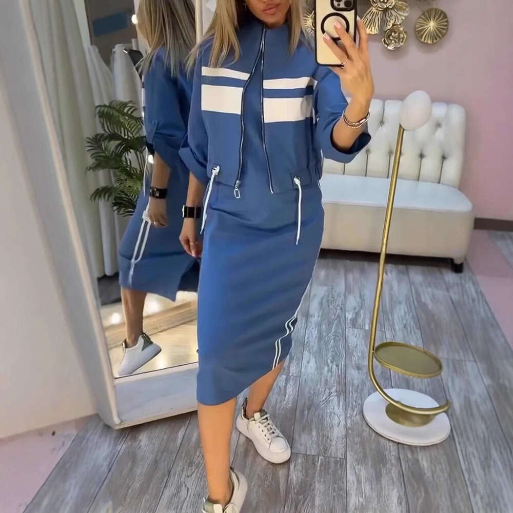 2026 Autumn Winter Women 2 Piece Outfits Bodycon Midi Dress Zipper Jacket Coat White Striped Slim Fit Streetwear MAKOUFEI
