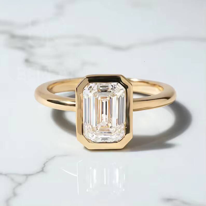 Luxury Vvs IGI Lab Grown Diamond Bezel Solitaire Ring Custom 925 Silver Emerald Cut Diamond Engagement Ring Women Fine Jewelry
