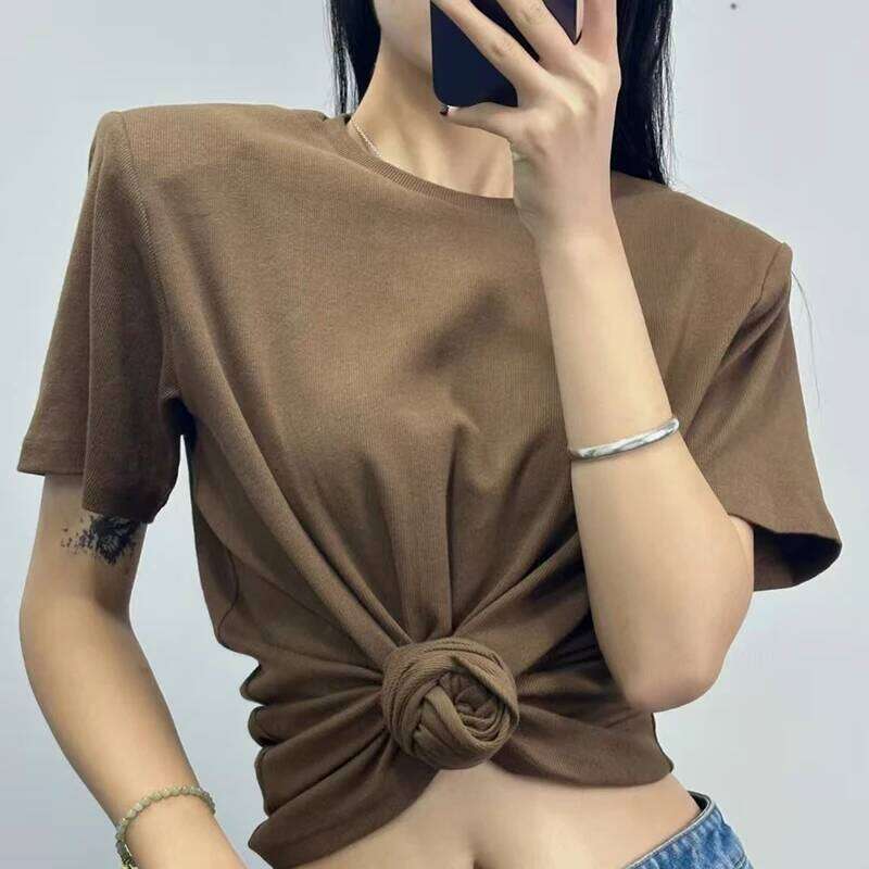 Women's Knotted Button Flowers Threaded T-Shirt, Shoulder Padded Short Sleeve Crew Neck Top, High Quality Cotton, 2025, New, y2k 26W0422