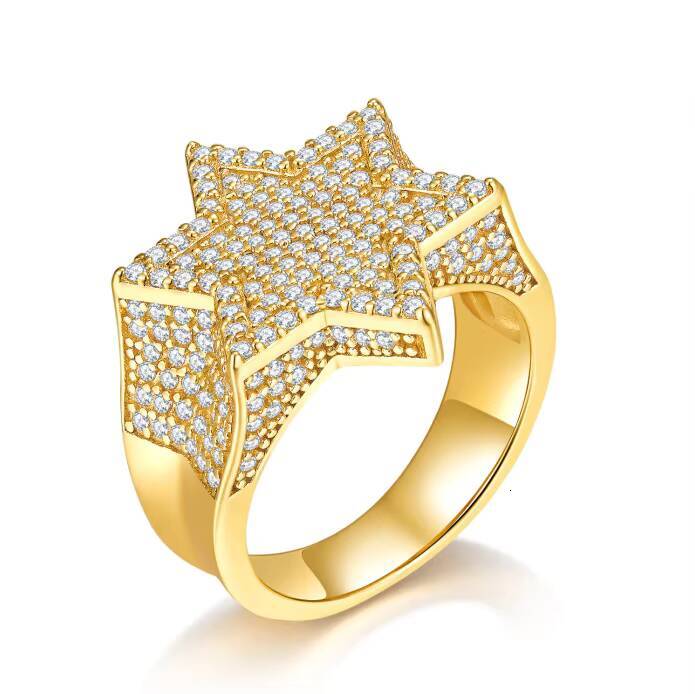 European American Style 18K Gold Plated Moissanite Six-Pointed Star Ring Womens Hip Hop Daily Wear Ring for Men