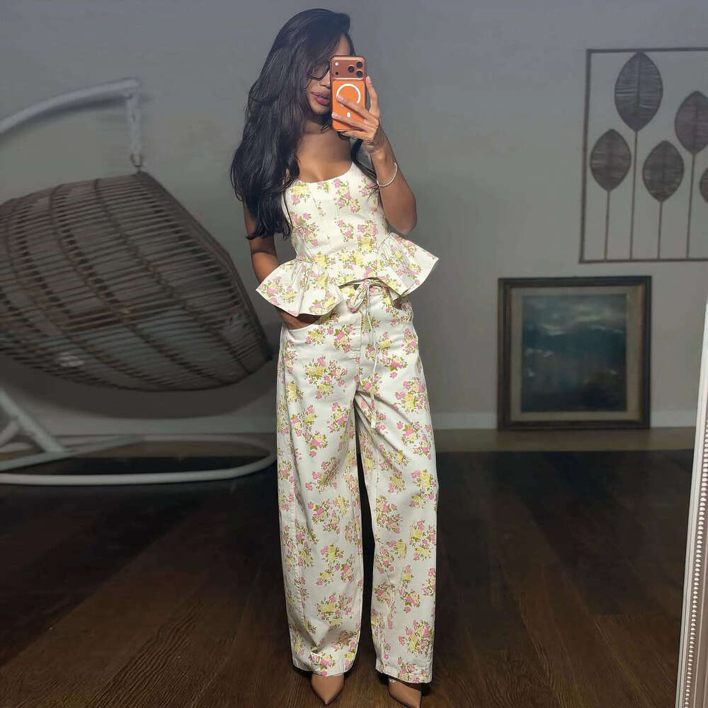 2026 New Spring Women Sweet Ruffled Floral Pants Set Sleeveless High Waist Slim Fit 2 Piece Outfits European American Casual Wear MAKOUFEI