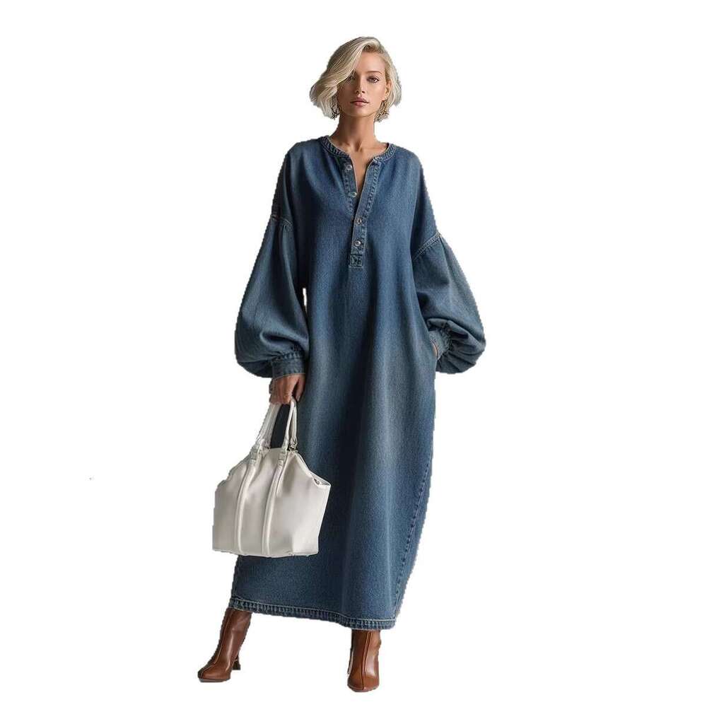 2026 Spring Women Vintage Washed Denim Midi Dress Polo Stand Collar Casual Plus Size Slim Party Dresses MAKOUFEI