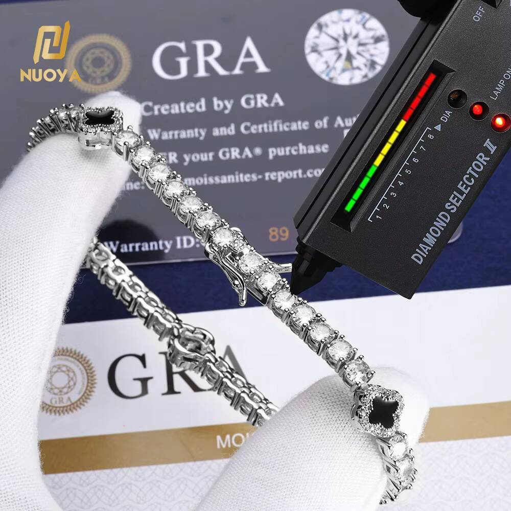 NUOYA Luxury Hip Hop Tennis Chain Bracelet Iced Out VVS Moissanite S925 Silver Four-Leaf Clover Tennis Chain Gift for Men Women
