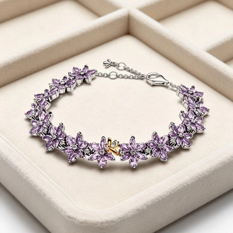 Designer Purple Diamond CZ Flower Bracelets Adjustable Women S925 Sterling Silver Birthday Gifts Christmas DIY Jewelry Making BR146
