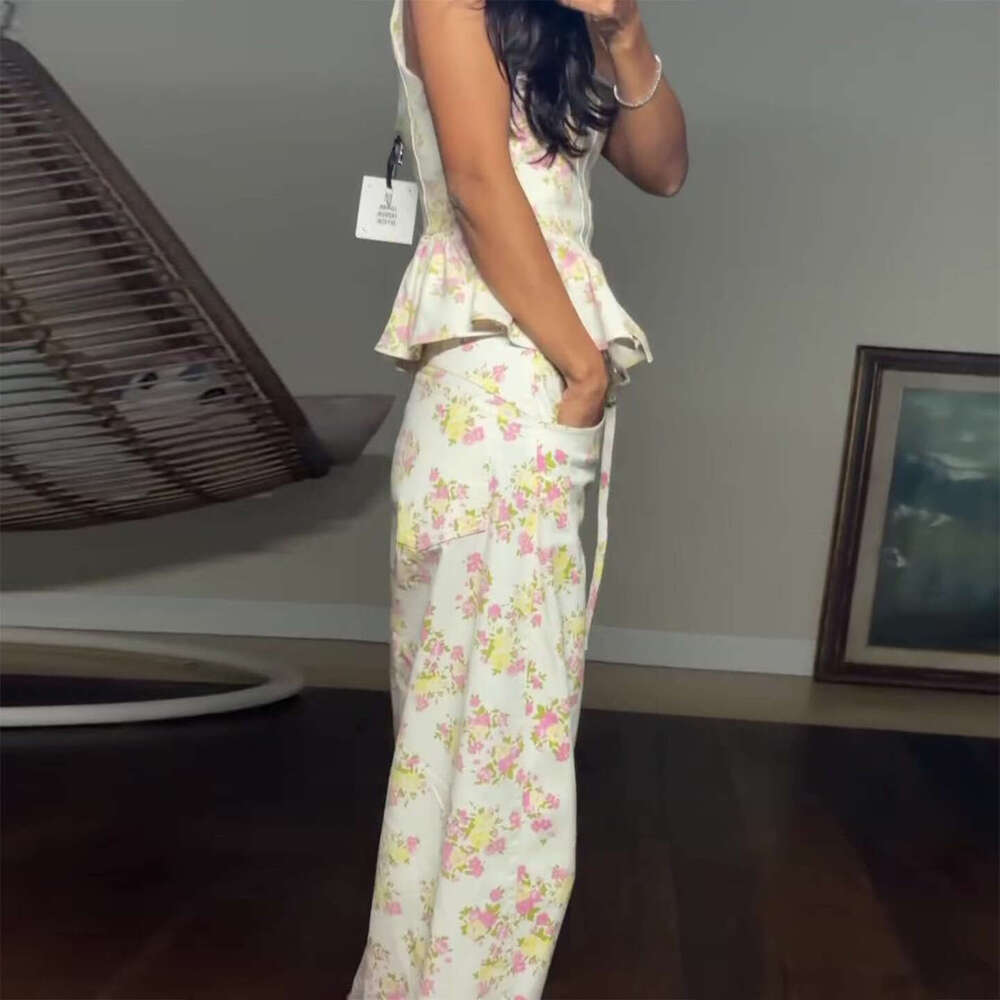 2026 New Spring Women Sweet Ruffled Floral Pants Set Sleeveless High Waist Slim Fit 2 Piece Outfits European American Casual Wear MAKOUFEI
