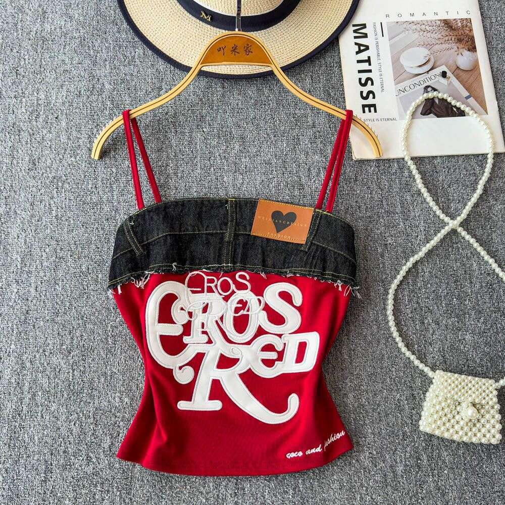 American Retro Style Letter-Embroidered Tube Top For Women, New Summer Fashion Denim Patchwork Camisole