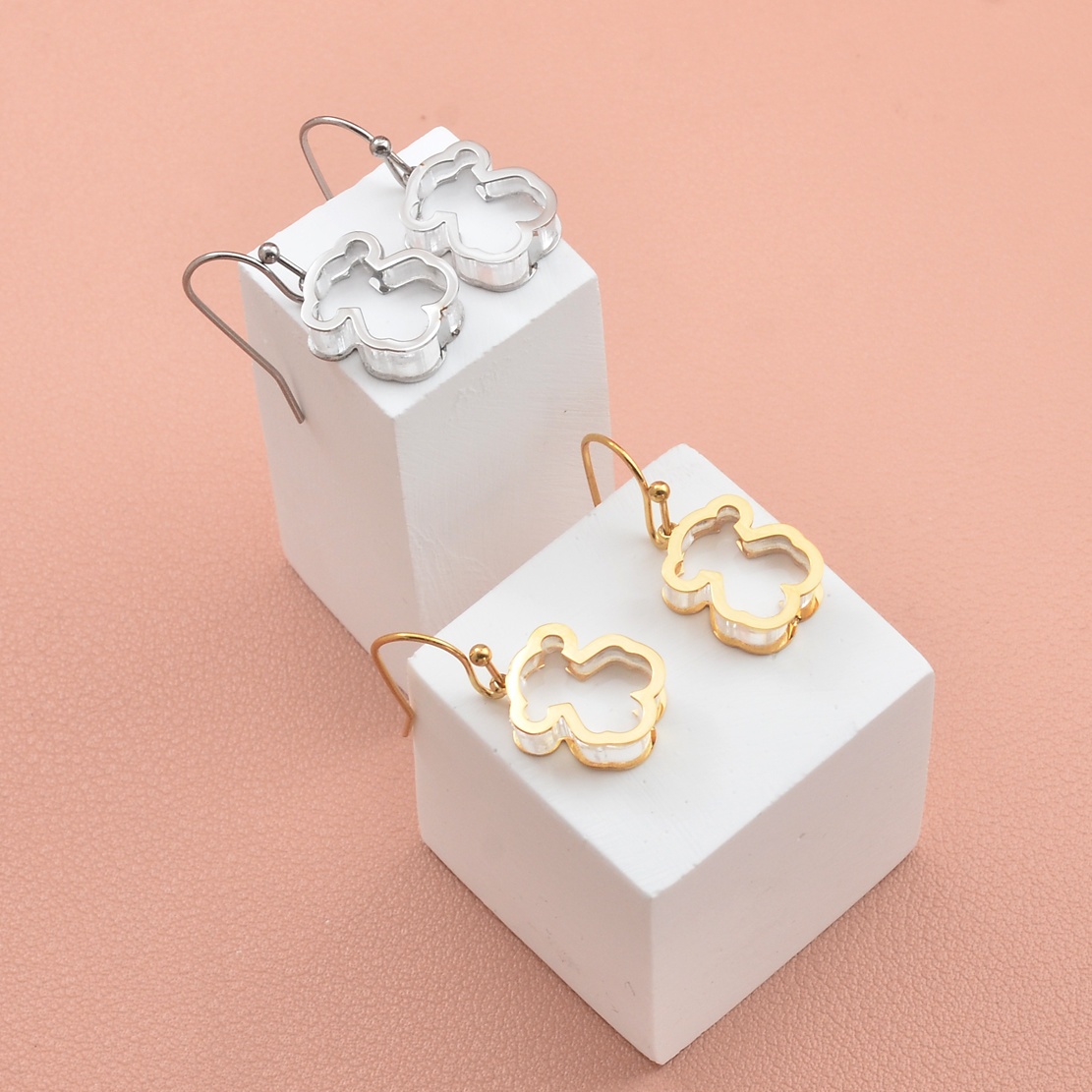 Fashion Women Men Silver Rose Gold Stainless Steel Span Bear Round White Pearl Hollow Stud Earrings Jewelry